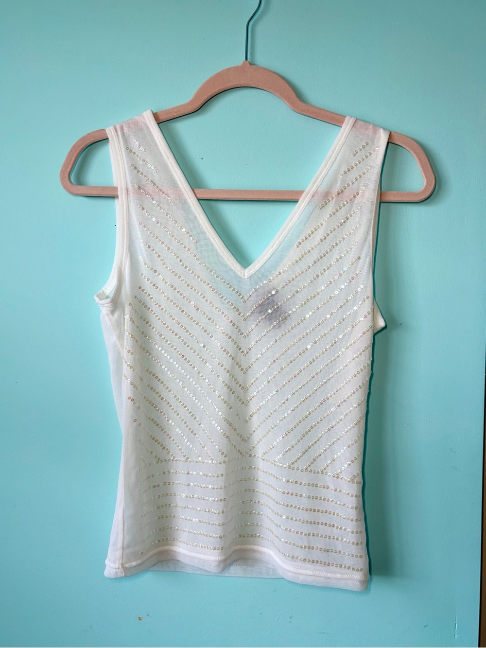 Loft white sheer sequin v -neck shell s/m